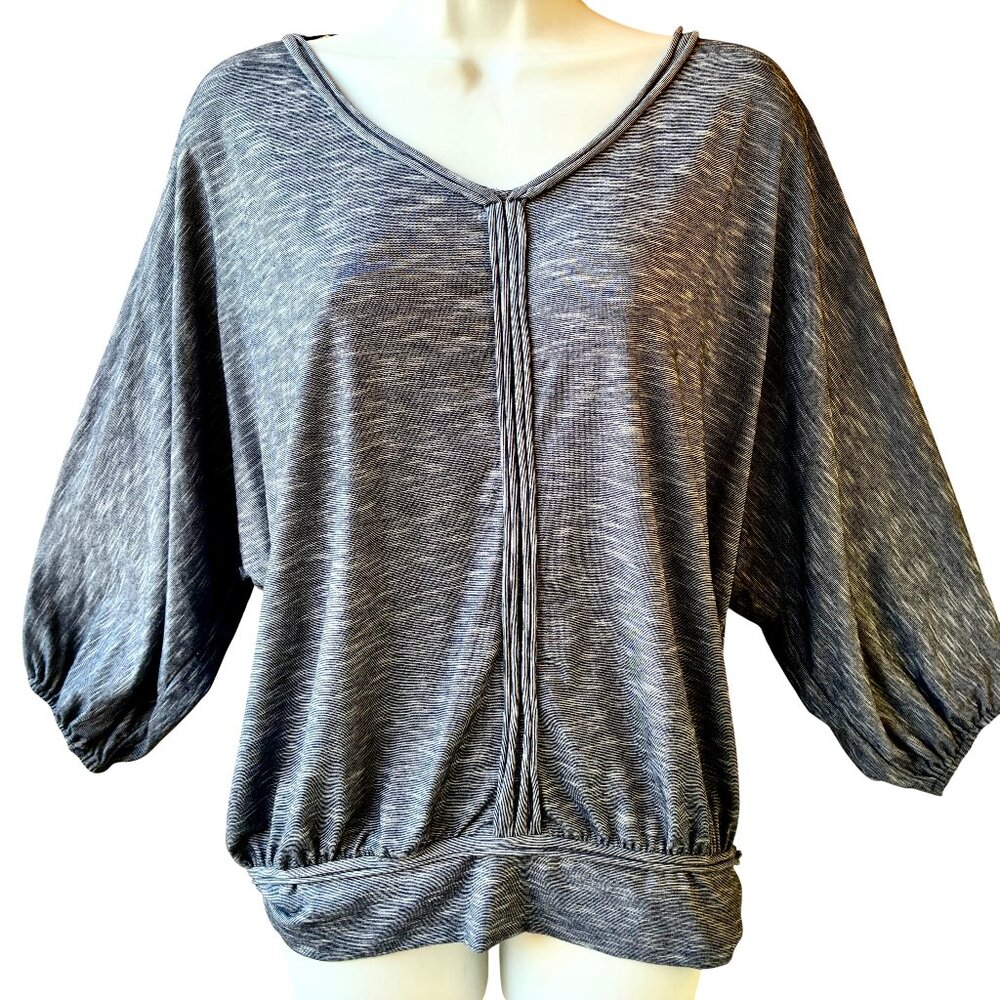 Max Studio Gray Variegated Knit Top V-Neck Batwing Sleeve Banded Hem